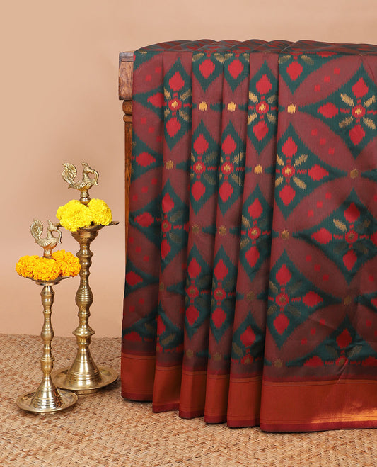 Red with green zari pochampalli weaving design mulberry silk saree with bawanchi, ikkat weaving border & rich pochampalli weaving pallu along with plain blouse
