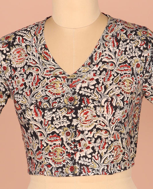 Black Readymade Blouse Elegantly Printed with Floral Vine, Featuring a Front V-Neck, a Back Closed Neck, and Full Sleeves