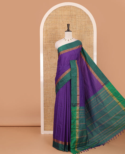 Royal blue plus thread buttas semi-soft saree, contrast zari satin border, striped pallu & contrast plain blouse