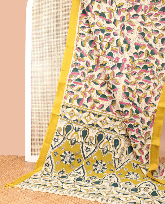 Cream floral design machine-printed kalamkari cotton saree with contrast zari design border & unique floral design pallu