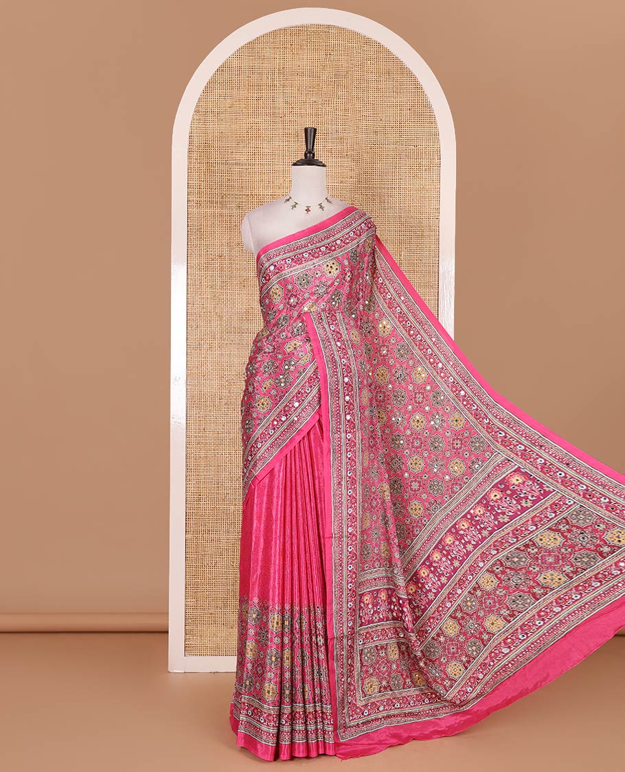 Pink ajrakh style printed with mirror work masakali saree, printed border, print and mirror work pallu, and matching blouse