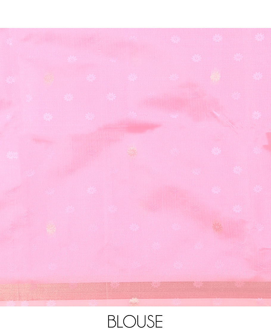 Pink Meena Buttas Fancy Organza Silk Saree, a Zari Border, Paithani Floral-Bird Pallu, Matching Blouse