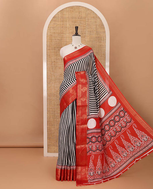Red stripes printed soft dola saree,contrast floral creeper design zari border,Ajrakh-print pallu & blouse of floral butta & zari design
