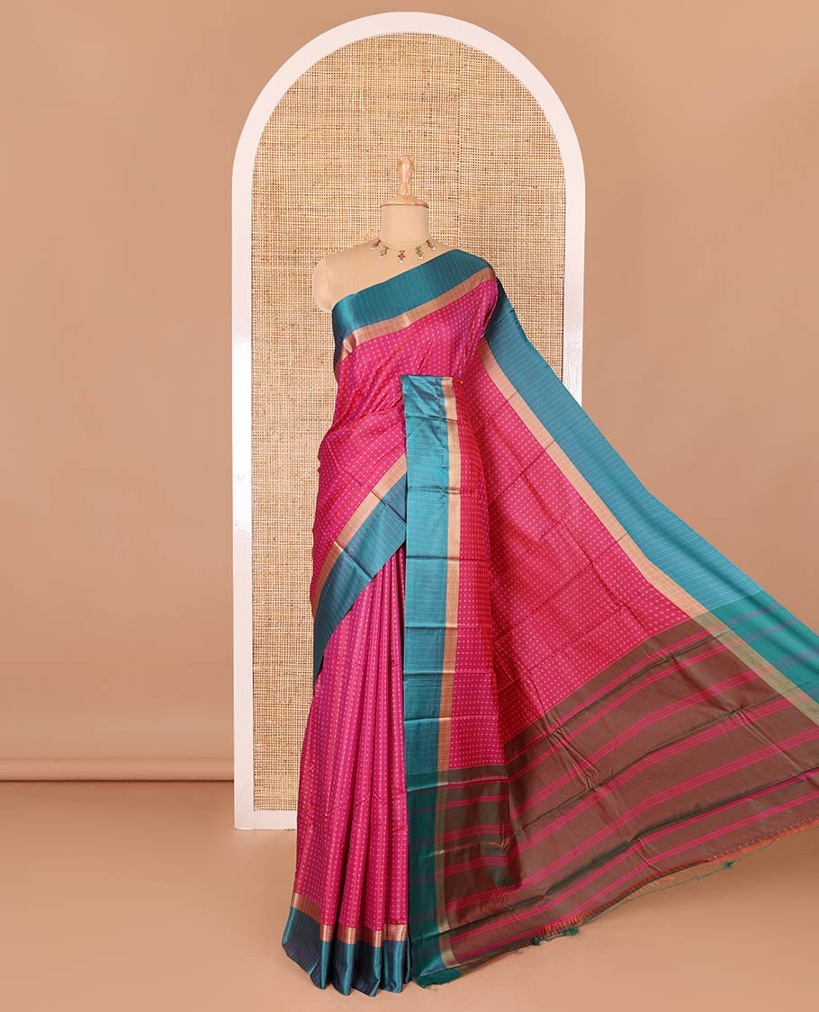 Pink thread plus buttas semi-soft silk saree, contrast striped satin border, striped pallu, and contrast plus buttas blouse