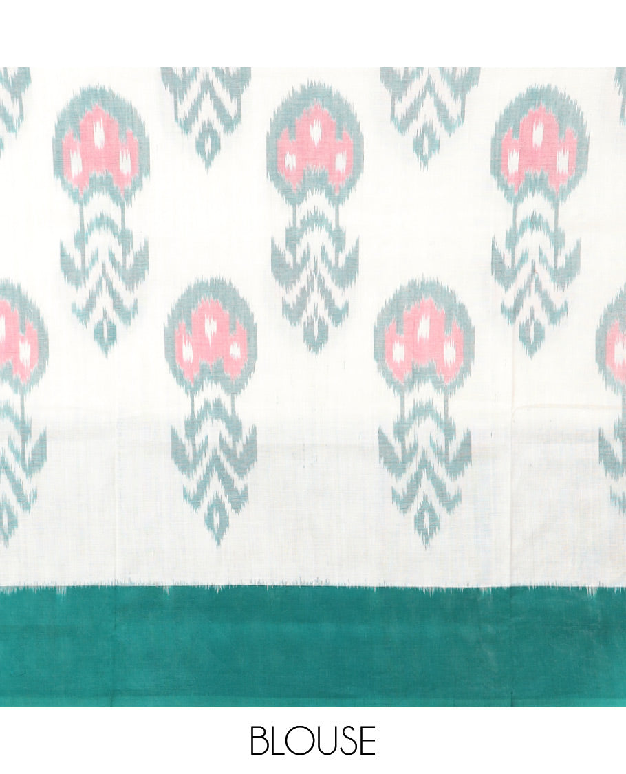 Cream floral motifs ikkat cotton saree with contrast plain border & geometric design pallu