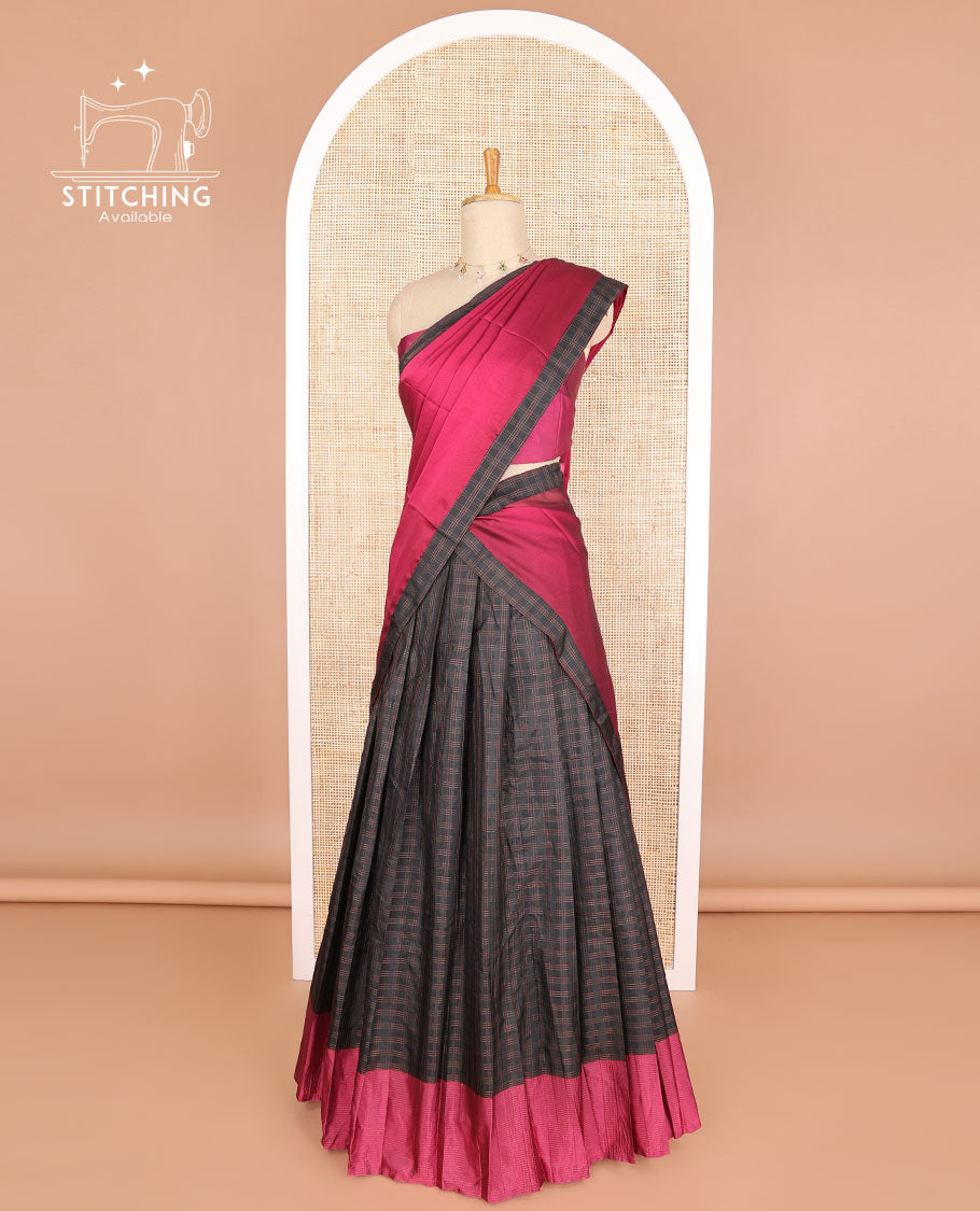 Black checked poly-cotton half saree with contrast border, plain blouse & red plain, checked border dhavani
