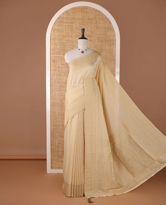 Cream zari buttas viscose georgette saree, gold zari border of temple & floral creeper, big mango weave pallu & zari design blouse