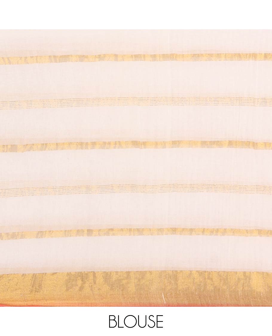 Cream Khadi Mul Cotton Saree, Gleamed up with Zari Stripes All Over Its Body, Subtle Gold Zari Border, Self-Pallu with Tassels, and Paired with a Matching Blouse