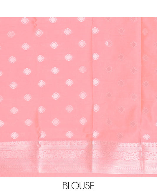 Pink geometric design butter silk saree with self floral design border & zari geometric design pallu