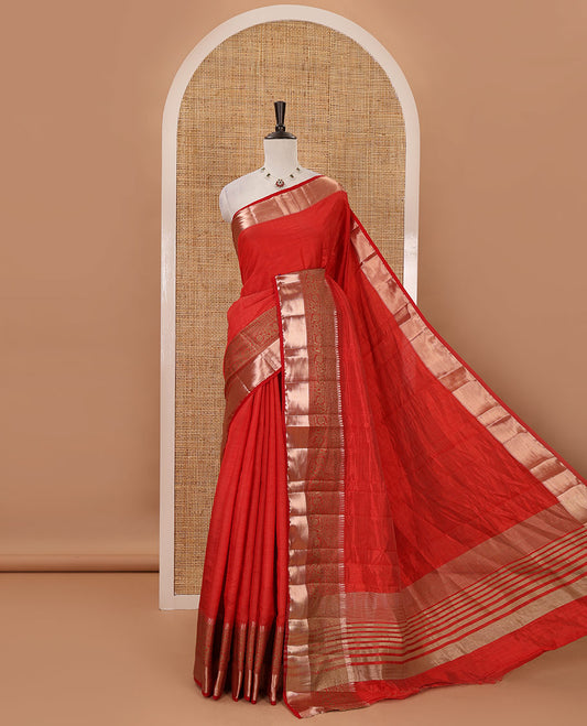 Red plain tussar saree, traditional zari design border, pallu of zari stripes & matching traditional motif border blouse