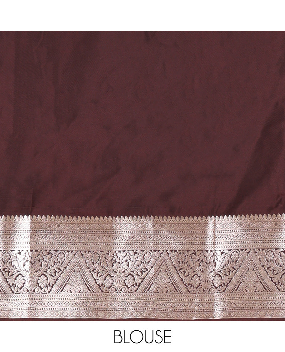 Biscuit-Brown Semi-Soft Silk Saree, Finely Crafted with Zari Buttas All Over Its Body, Complemented by a Contrast Traditional Zari Design Border, Intricately Designed Pallu, and Paired with a Contrast Blouse