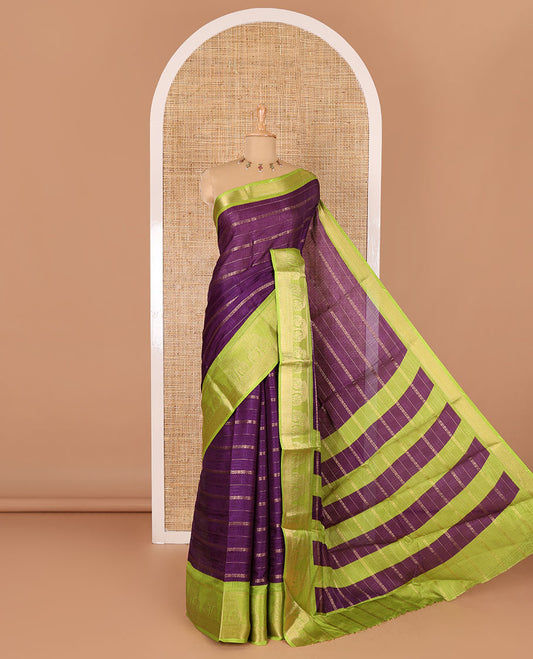 Dark purple traditional zari design dola silk saree, contrast tree of life and peacock design border, zari design pallu, and contrast zari woven blouse
