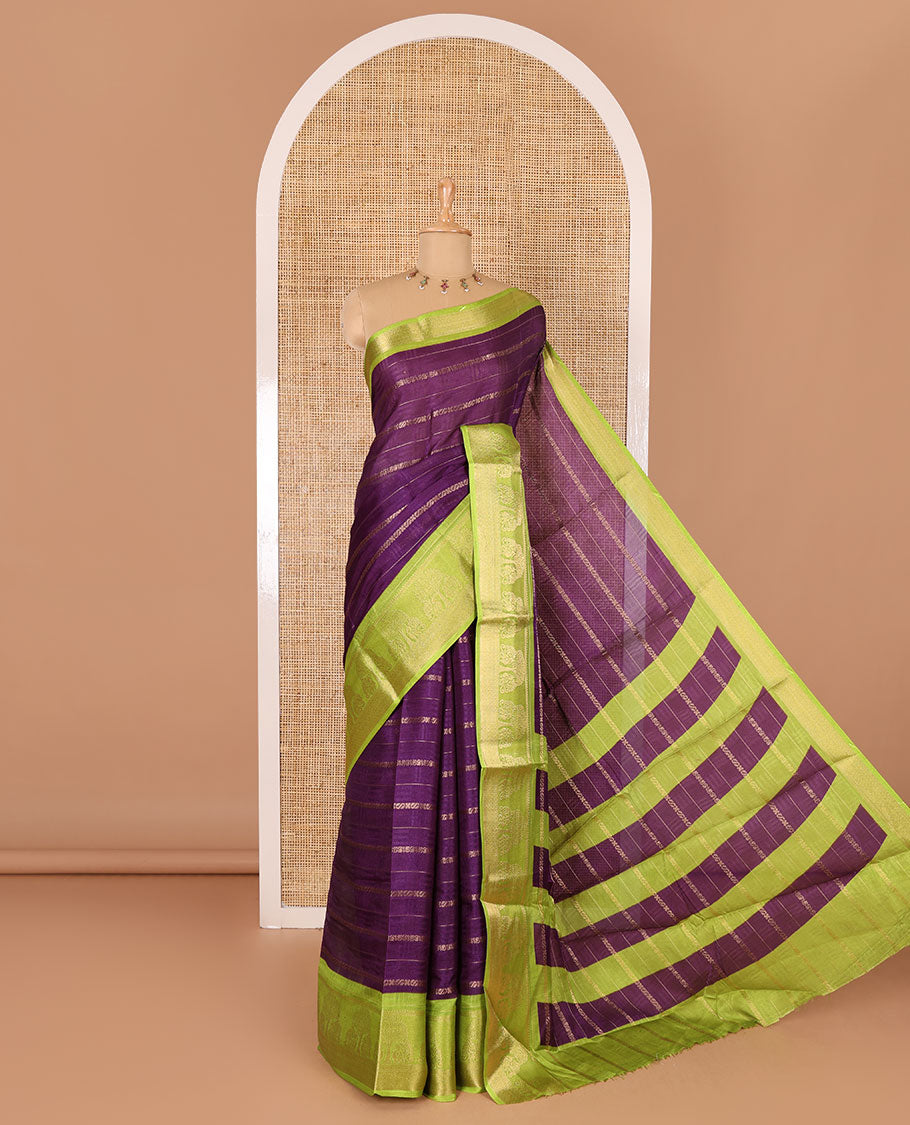 Dark purple traditional zari design dola silk saree, contrast tree of life and peacock design border, zari design pallu, and contrast zari woven blouse