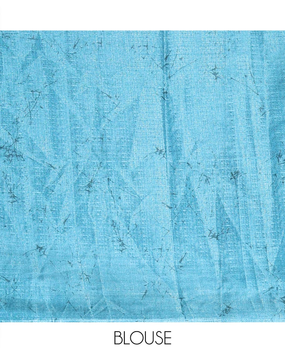 Cream and Blue Art Khadi Cotton Saree, Adorned With Half-and-Half-style Floral Print On Its Body, Highlighted by Contrast Piping Border, Self-Pallu and Paired with a Contrast Blouse