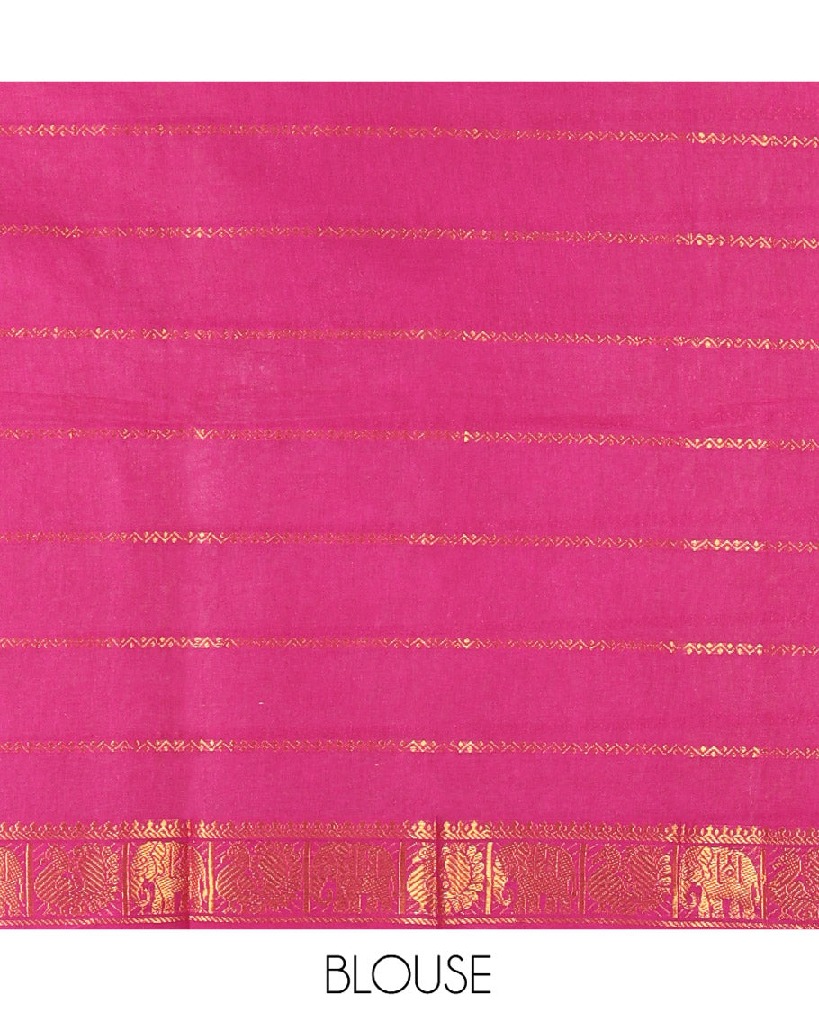 Blue Plain Sungudi Cotton Saree, Highlighted by Traditional Zari Border of Peacock and Floral Creeper Designs, Subtly Striped Pallu, and Paired with a Contrast Blouse