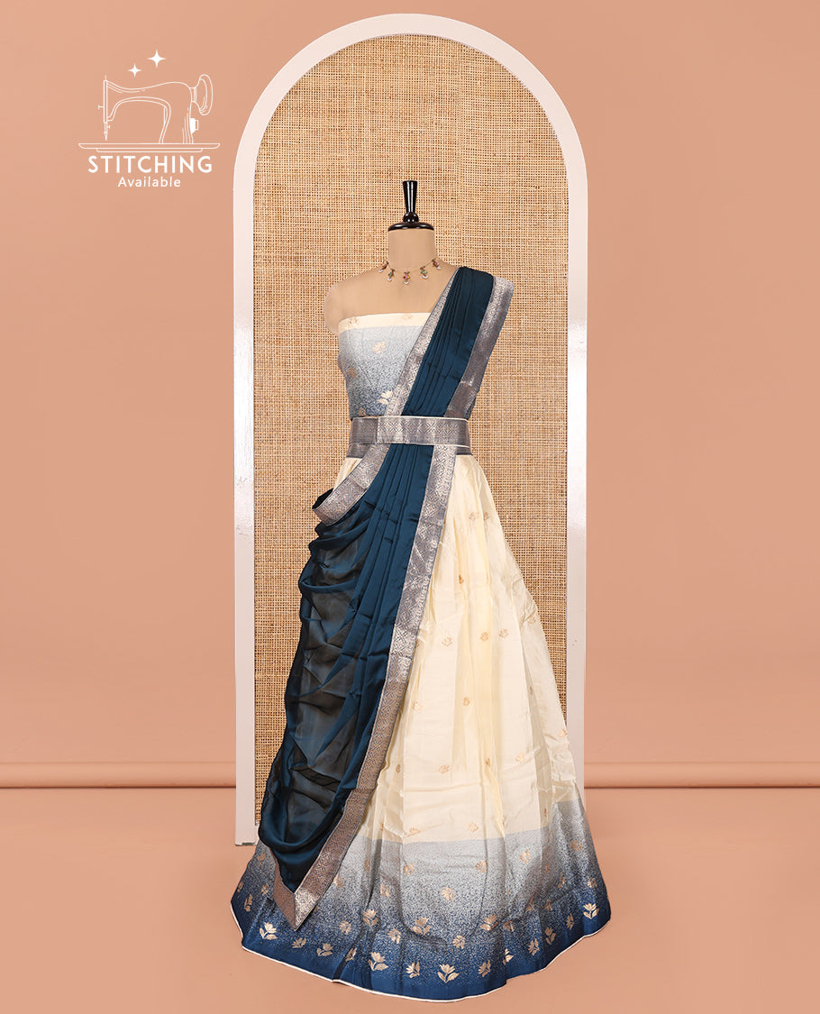 Cream-Sea Blue Semi-Silk Half-Saree Featuring Buttas Skirt, Contrast Floral Border, Matching Blouse, Contrast Syska Georgette Dhavani