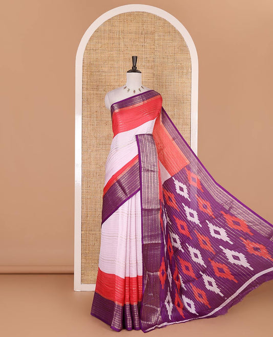 White zari design moss milan saree, contrast purple and pink colored traditional zari border, ikkat buttas printed pallu, and contrast zari design blouse