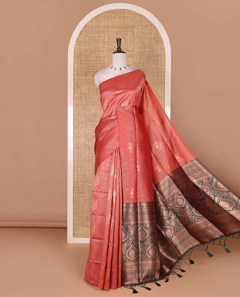 Borderless peach stripes and zari floral buttas elite soft silk saree, contrast ogee patterned zari pallu, and contrast zari design blouse