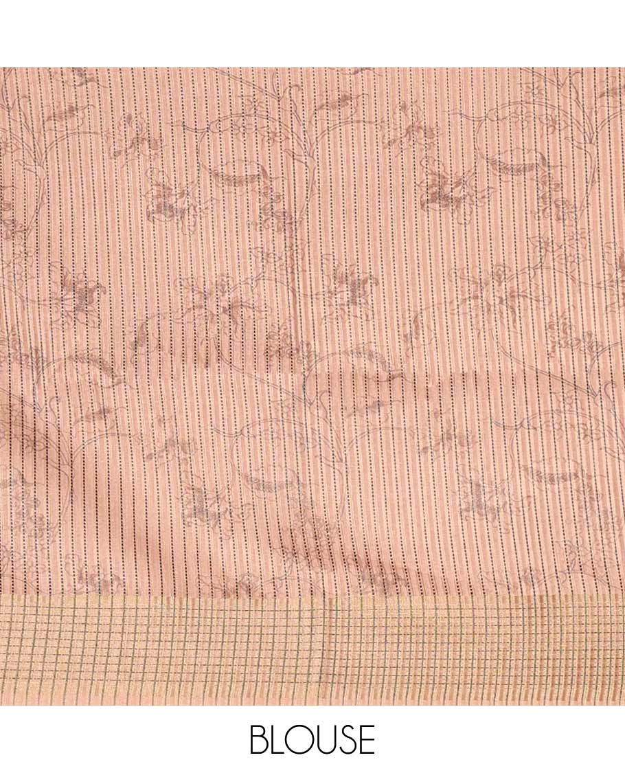 Cream digital printed khicha tussar saree with bawanchi border & jute weaving pallu along with zari weaving blouse