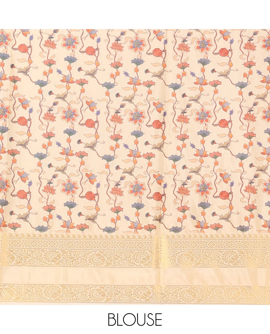 Orange checked design  mysore silk saree with contrast zari border & forest theme printed pallu
