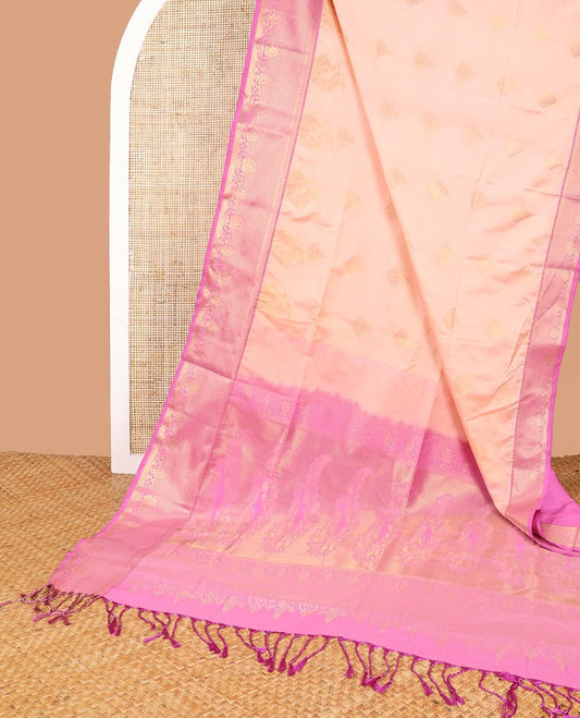 Peach floral buttas soft silk saree with contrast intricate zari design border & floral design pallu
