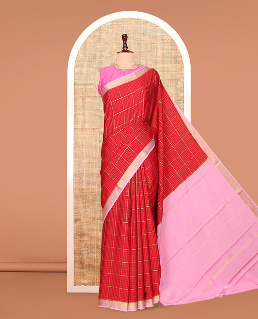 Red Mysore Silk Saree, Mesmerized with Zari Checked Design On Its Body, Complemented by Captivating Contrast Border of Traditional Zari Designs, Subtly Striped Pallu and Paired with a Contrast Blouse