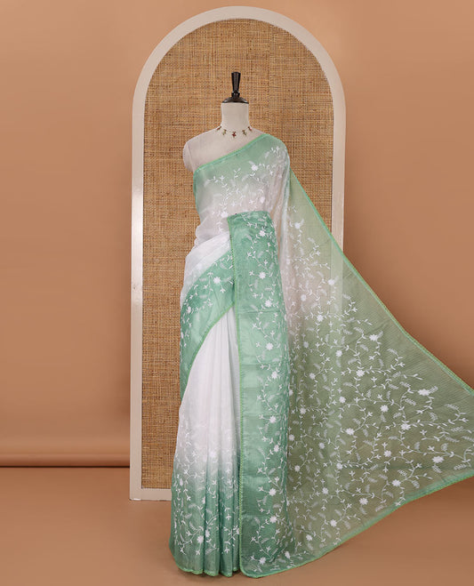 White-green color 2D-style print & floral vine chikankari embroidered kota check saree, lace border & plain blouse