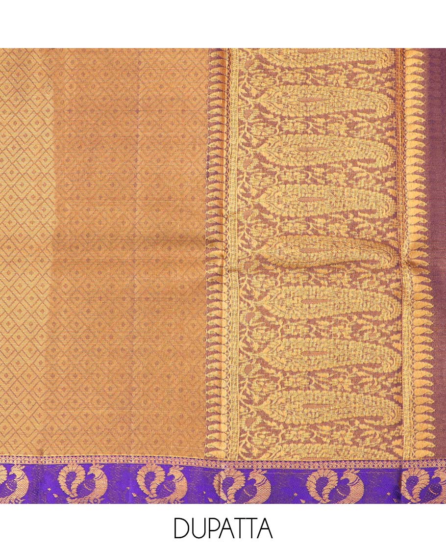Yellow floral buttas pure silk half saree with contrast zari border,  contrast zari design blouse & plain with zari border dhavani
