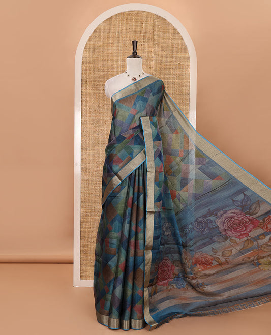 Blue-base colorful abstract printed black spun linen saree, zari piping border, colorful floral printed pallu & geometric printed blouse