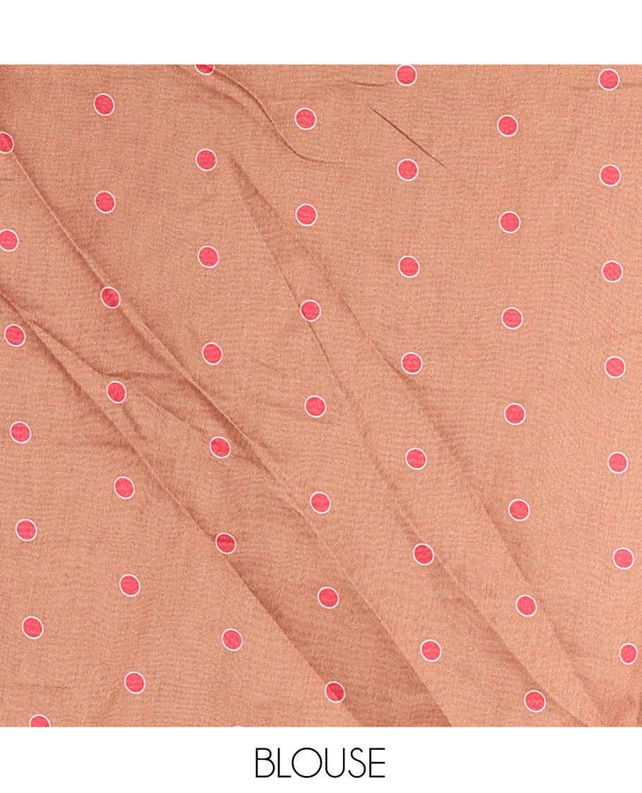 Brown-Red Chiffon Saree, Adorned with Geometric Print, a Lace Border, and a Polka-Dotted Blouse