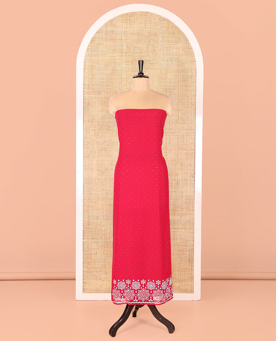 Rani Pink Fox Georgette Material Chudidar Set, Gleamed up with Stone Floral Embroidery On Its Top, A Plain Santoon Bottom and Paired with a Matching Stone Work Fox Georgette Dupatta