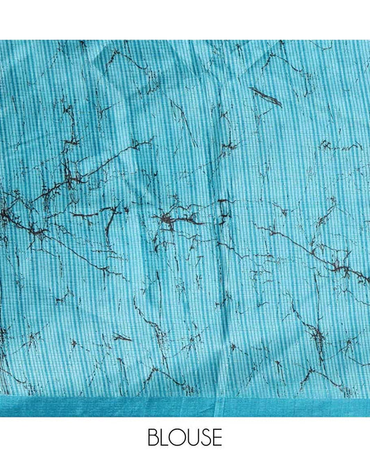 Black batik-style uniquely printed khadi cotton saree, contrast blue piping border & printed pallu