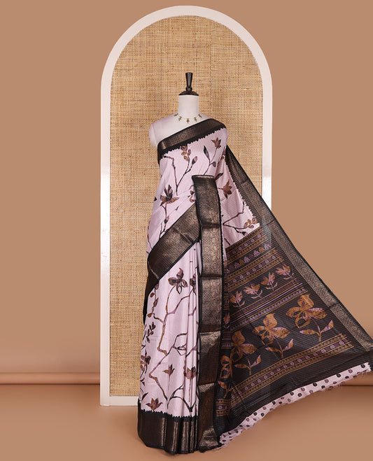 Lilac golden zari stripes, and floral vine printed dola silk saree, contrast traditional temple zari border, and floral printed pallu