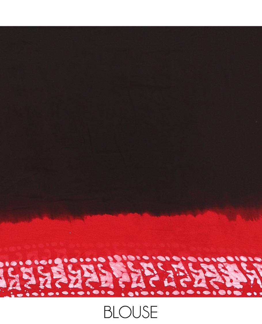 Black-Red Plain 60gm Georgette Saree, Contrast Batik Printed Border, Batik Printed Pallu, and a Matching Blouse