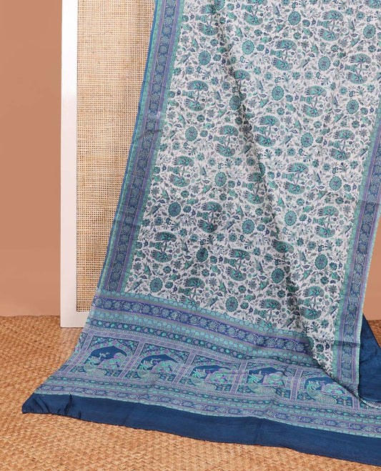 White madhubani design printed silk saree with contrast floral design border & intricate floral design pallu