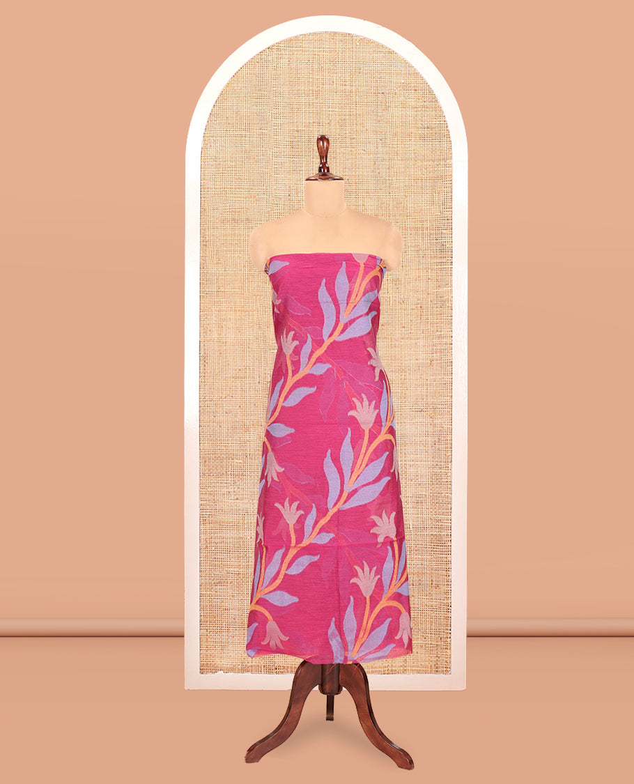 Rani Pink Chanderi Silk Material Chudidar Features Jamdani Floral Top, Contrast Bottom and Dupatta