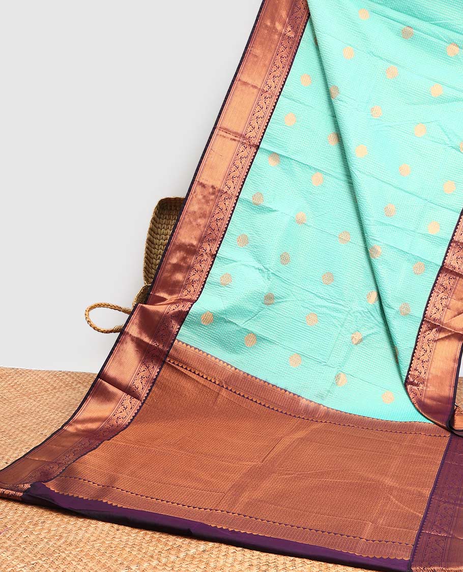 Blue ckecked, leaf motifs gift saree with contrast zari design border & checked zari design pallu