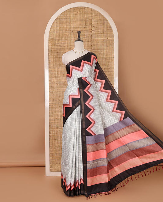 Metallic grey checked katan silk saree, contrast black-pink temple border, multi-color blocked pallu & stripes printed blouse