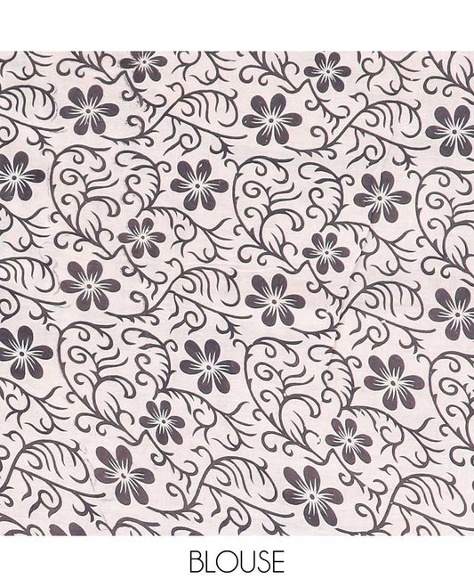 Black floral vine machine-printed kalamkari cotton saree, floral printed border & paisley design pallu