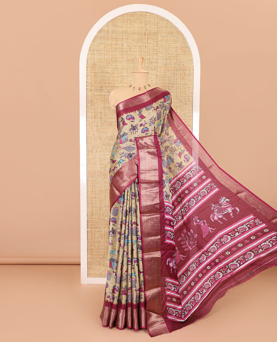 Chikku-purple color animal and village theme printed khadi jute saree, contrast jaal patterns zari woven border, printed pallu, and a contrast blouse
