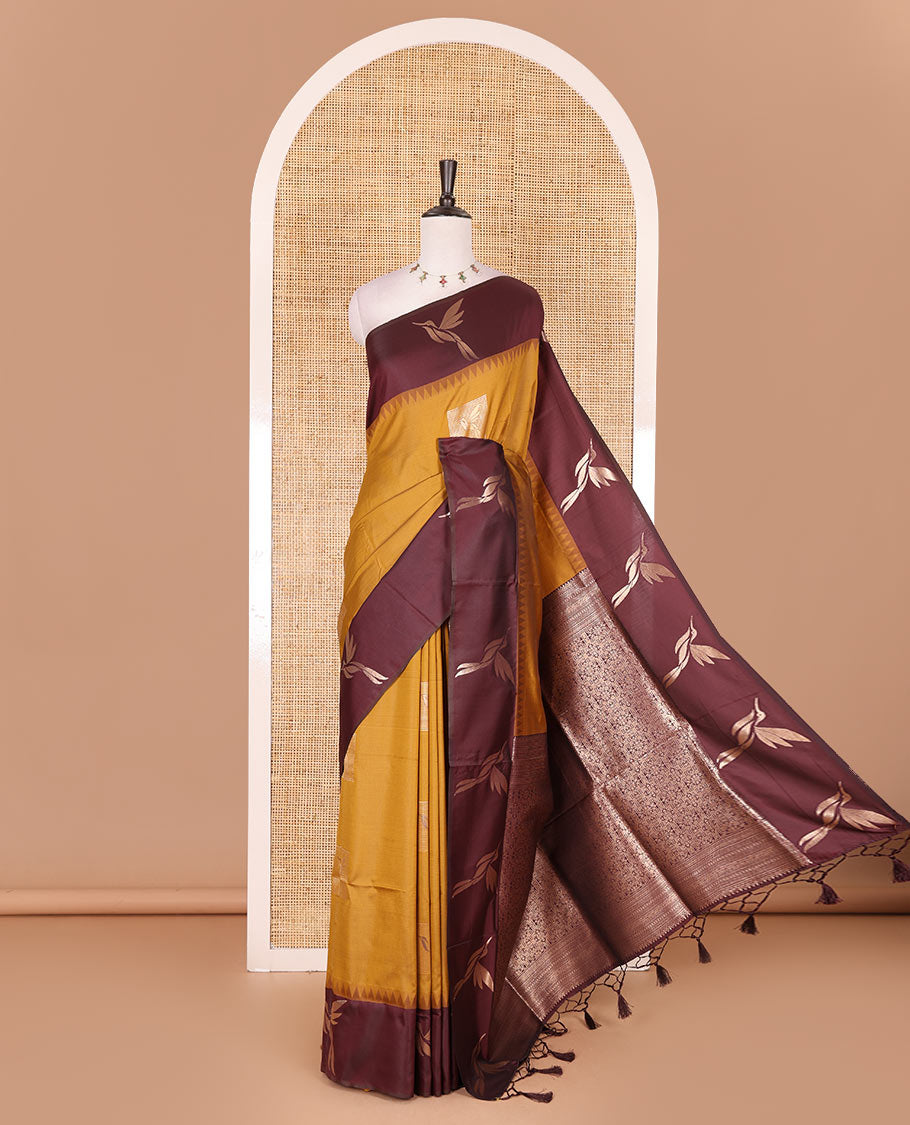 Mustard hummingbird zari buttas Mulberry silk saree, contrast hummingbird motifs temple border, intricate pallu, and contrast zari design blouse