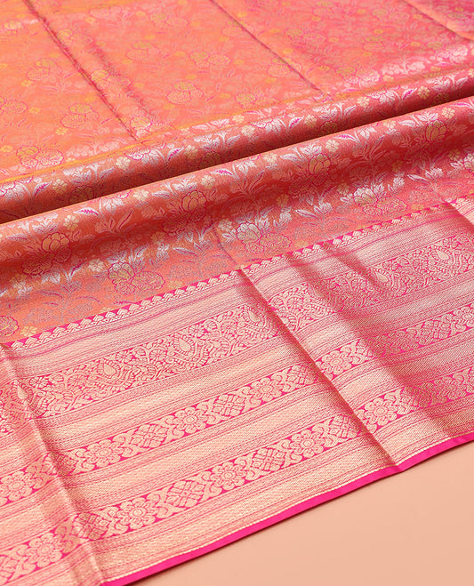 Pink-Orange Art Silk Half-Saree, Enthralled with Jacquard Design, Contrast Traditional Zari Border, and Paired with a Matching Blouse