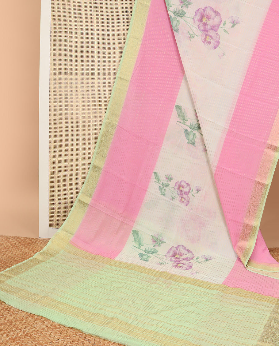 Multi-color floral printed & zari striped semi-banaras crepe saree, contrast zari border & striped pallu