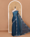 Blue full-plain fendy chiffon saree, scallop swarovski stone work geometric border and contrast plain blouse