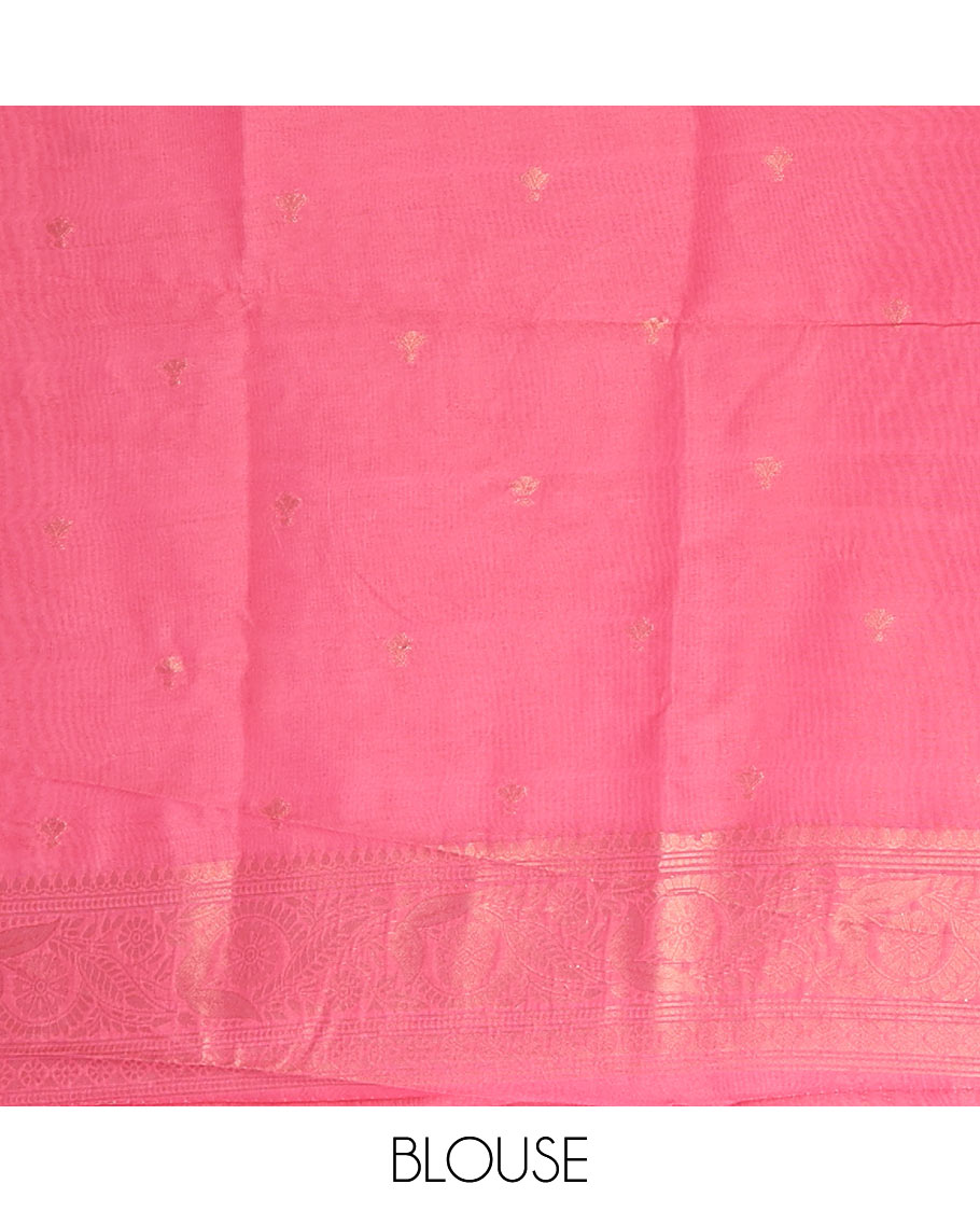 Cream with pink zari jall weaving design banaras brasso saree with contrast jacquard border & weaving pallu along with butta design blouse