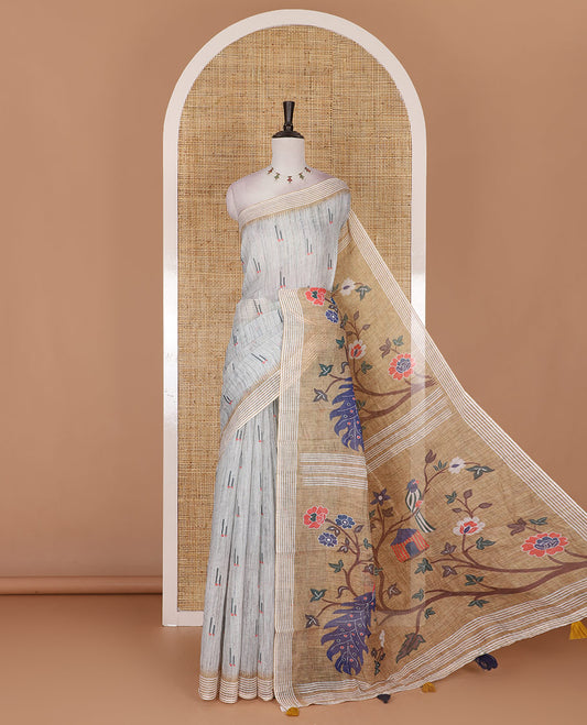 Light green muniya motifs printed linen cotton saree, striped temple border, paithani style printed pallu, and printed blouse