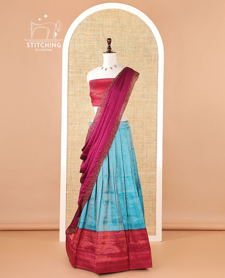 Blue banaras softy half-saree, brocade skirt, contrast traditional border, brocade blouse & stonework scallop georgette dhavani