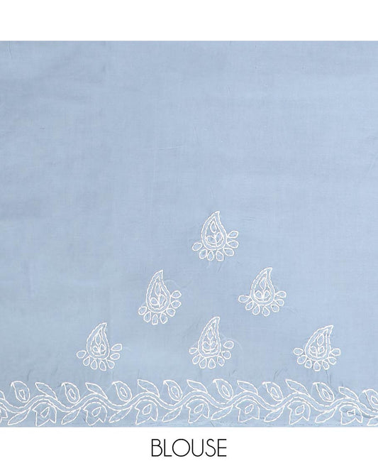 Grey paisley embroidered lucknowi chikankari cotton saree with flower vine border & floral, paisleys embroidered pallu