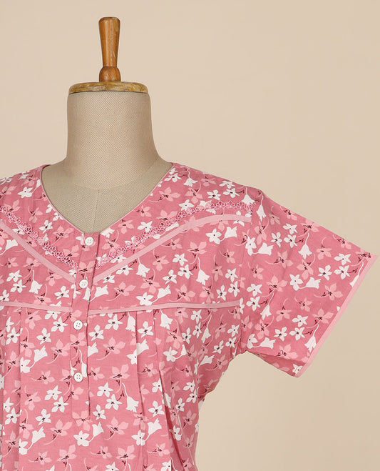 Red floral printed & v neck with lace, cotton half-sleeve nighty
