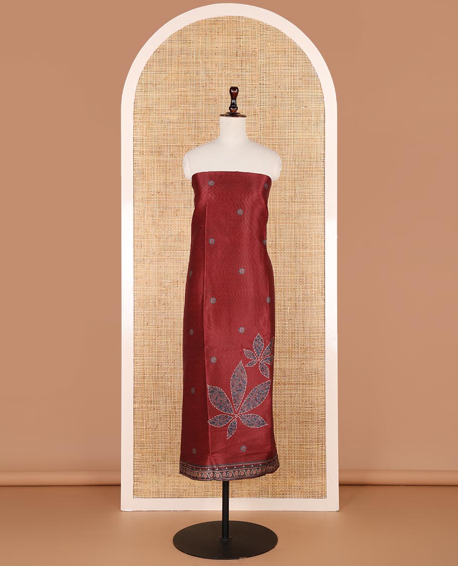 Maroon ajrak print semi tussar chudidhar material top with jam cotton material pant & ajrak print, zari weaving dupatta